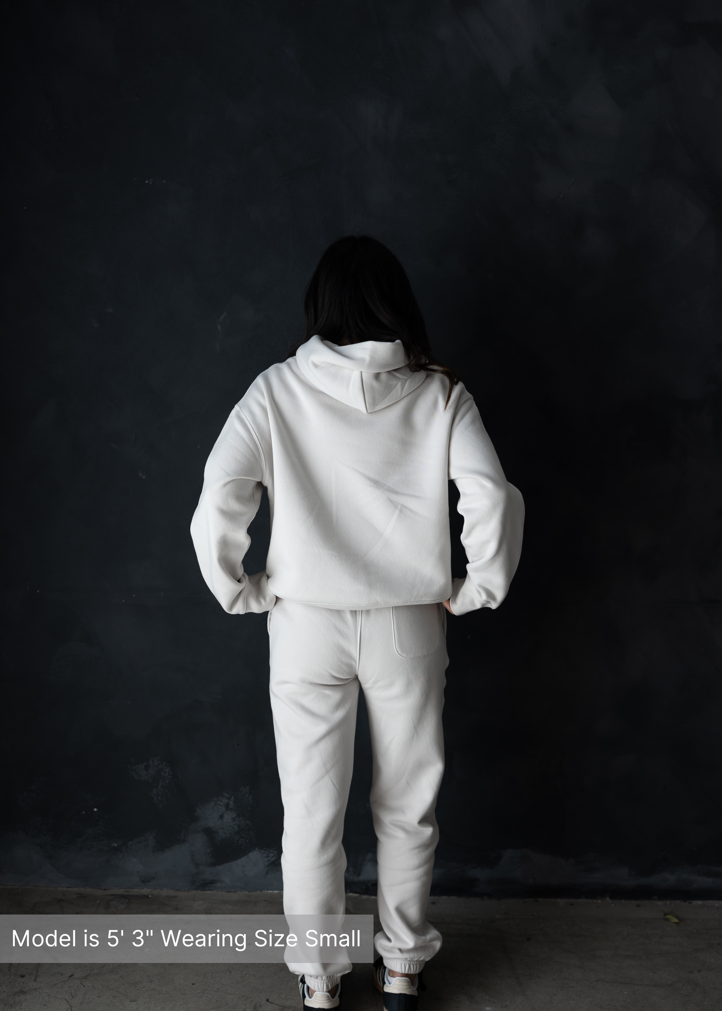 Back view of neutral women’s sweatshirt and sweatpants set against a black wall.